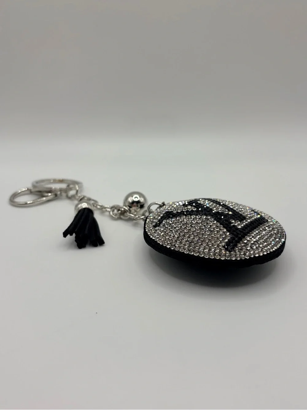 Crystal Monogram Round Keychain with Tassel - Black & Silver